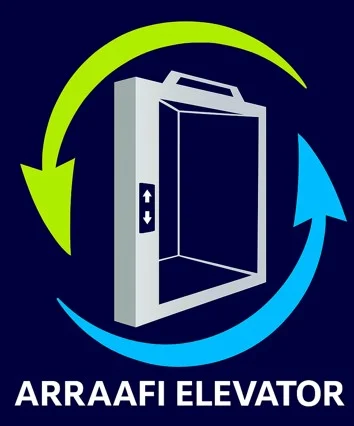 AR Raafi Elevator logo featuring a gray elevator car circled by green and blue arrows on a navy background.
