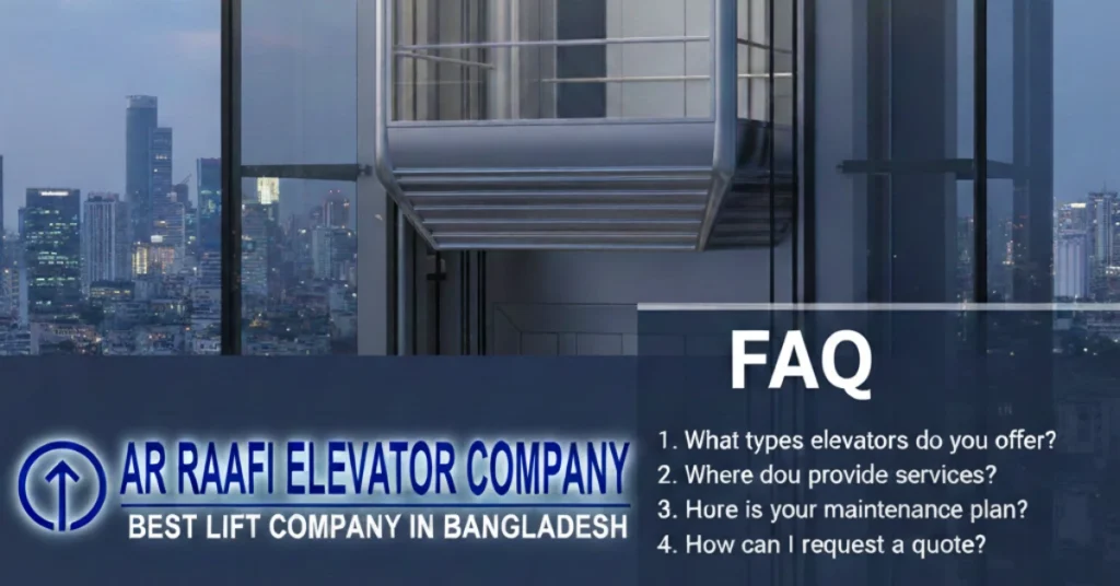 "AR RAAFI ELEVATOR COMPANY - BEST LIFT COMPANY IN BANGLADESH" and "FAQ" with a list of questions visible on the image.