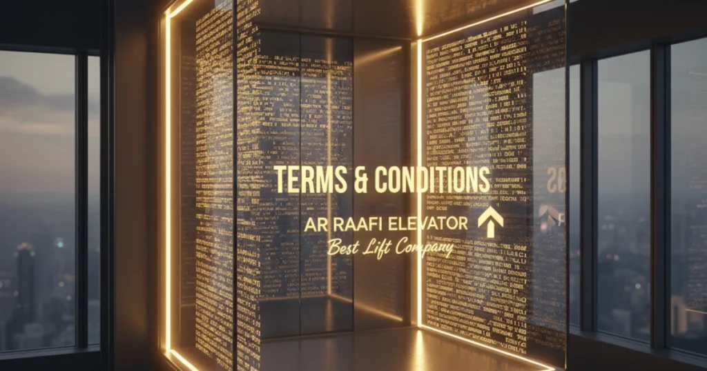 An image of AR Raafi Elevator Company with text "TERMS & CONDITIONS" and "Best Lift Company" is mounted on a modern elevator door.