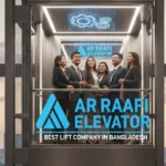 An elevator with the AR Raafi Elevator logo and the text AR Raafi Elevator - Best Lift Company in Bangladesh.