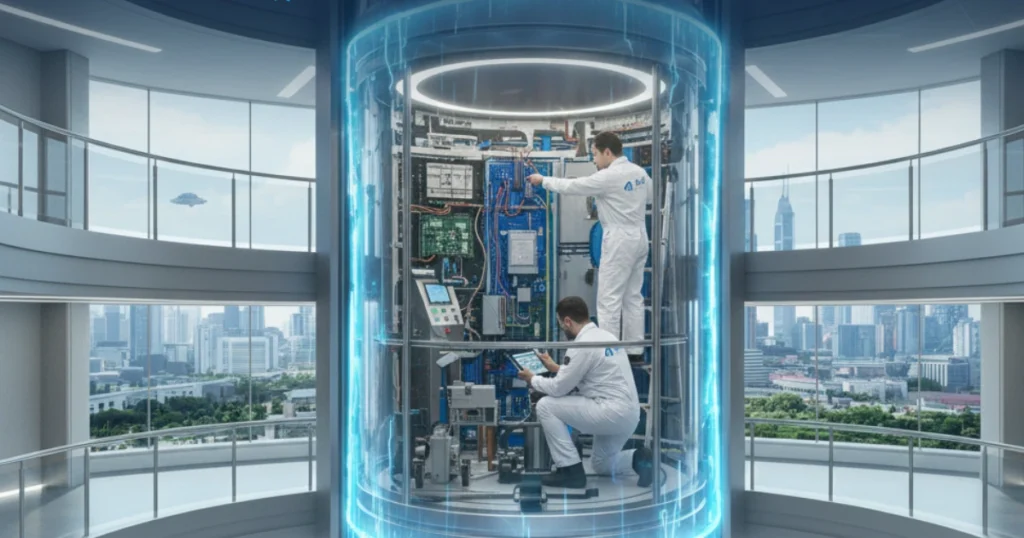 Technicians servicing the internal machinery of a glass capsule elevator in a futuristic high-rise building, representing AR Raafi Elevator Company's servicing expertise.