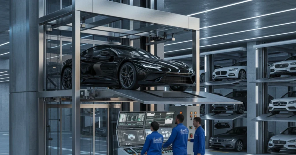 An image of Car elevator service technicians from AR Raafi Elevator Company with a silver car in the elevator.
