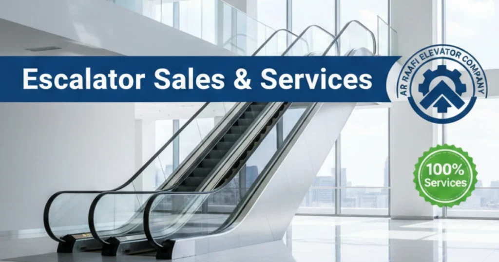 An image of AR Raafi Elevator Company with the text Escalator Sales & 100% Services.