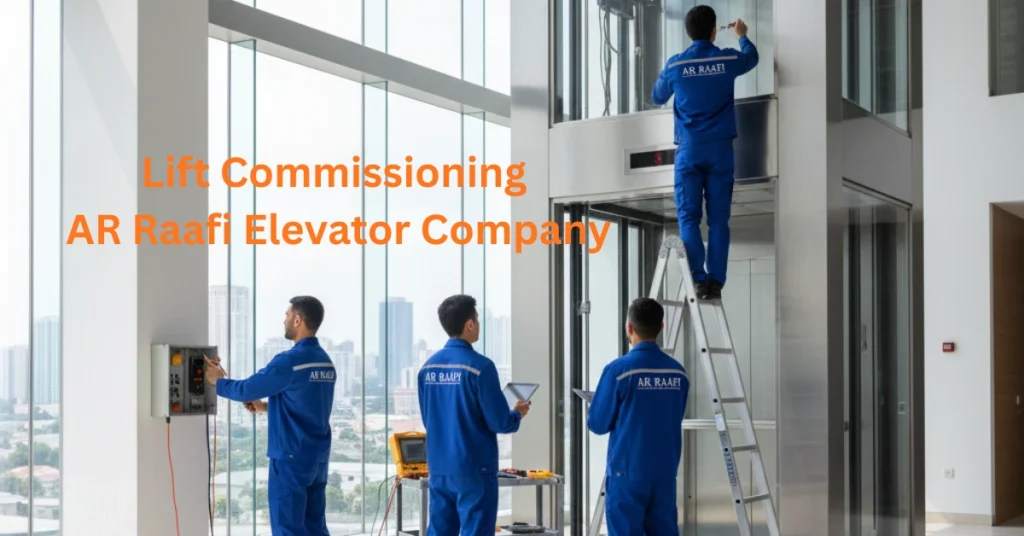 AR Raafi Elevator Company technicians commissioning a glass lift in an office building with text Lift Commissioning - AR Raafi Elevator Company.