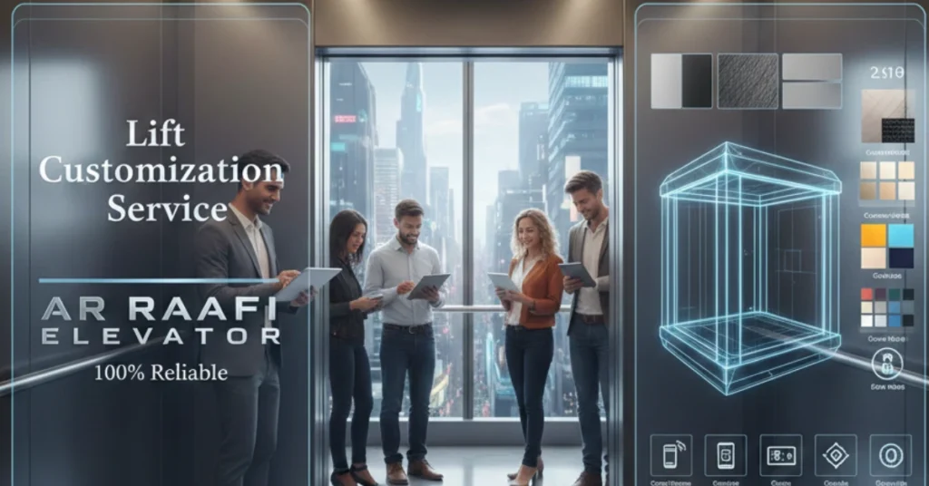 An image featuring an elevator displaying "Lift Customization Service - AR RAAFI ELEVATOR 100% Reliable" and with business professionals standing inside.