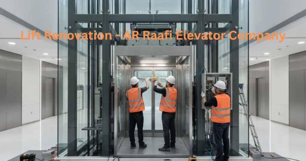 Workers in safety vests working a lift renovation, with the text "Lift Renovation - AR Raafi Elevator Company" on it.