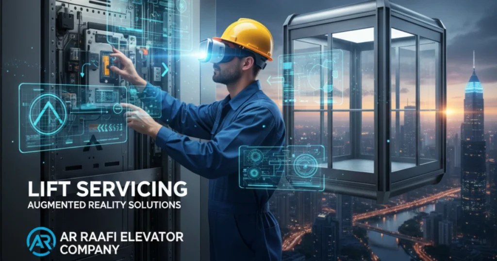 A technician is servicing an elevator control panel, representing AR Raafi Elevator Company's lift servicing solutions.