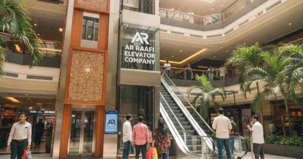 A glass elevator and moving walkway in a modern shopping mall in Bangladesh, featuring the "AR Raafi Elevator Company" branding on the glass.