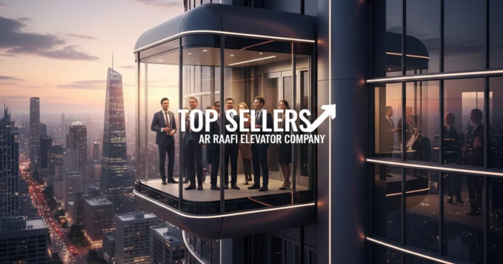 An image of AR Raafi Elevator Company features an observation elevator on a skyscraper, carrying business people. The text "TOP SELLERS” is overlaid.