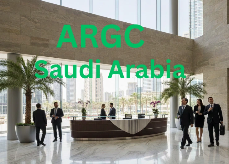 An office lobby in Saudi Arabia with several people in business attire is walking or standing in the hall. The image includes the text "ARGC Saudi Arabia."
