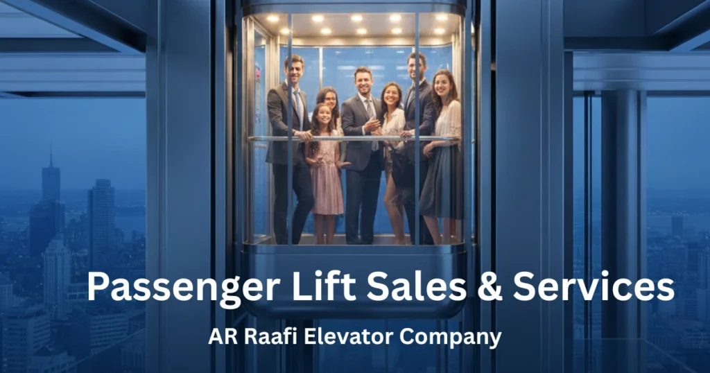 People standing inside a glass passenger elevator, with a modern city skyline visible in the background, "Passenger Lift Sales & Services" by "AR Raafi Elevator Company".