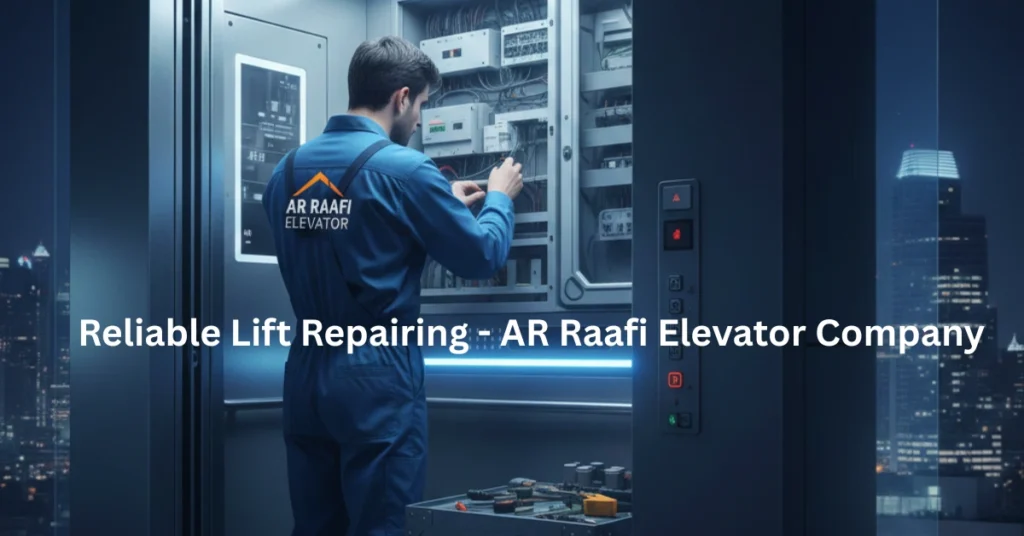 A technician in a hard hat and blue uniform repairs the elevator control panel with text with text Reliable Lift Repairing - AR Raafi Elevator Company.