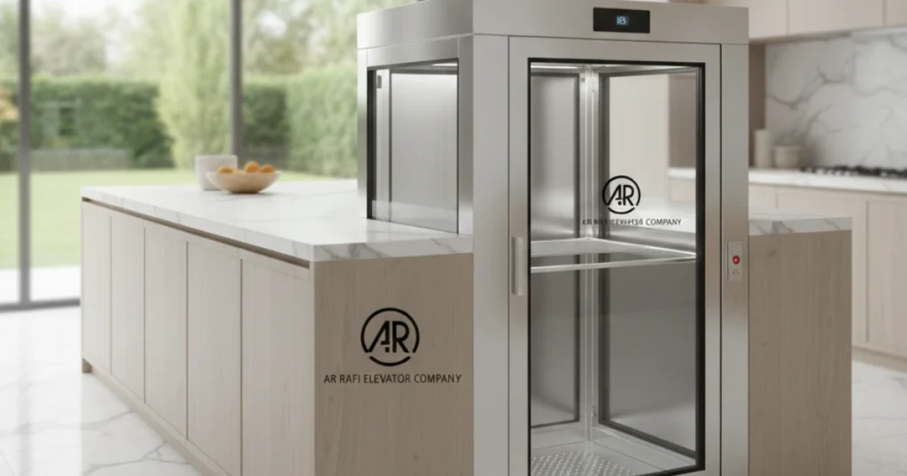 A stainless steel residential dumbwaiter elevator integrated into a kitchen. Featuring the "AR Rafi Elevator Company" logo on the side of the wooden cabinetry.