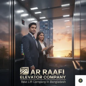 A glass elevator cabin featuring a man and woman in business attire, with the "AR Raafi Elevator Company" logo and "Best Lift Company in Bangladesh" tagline.