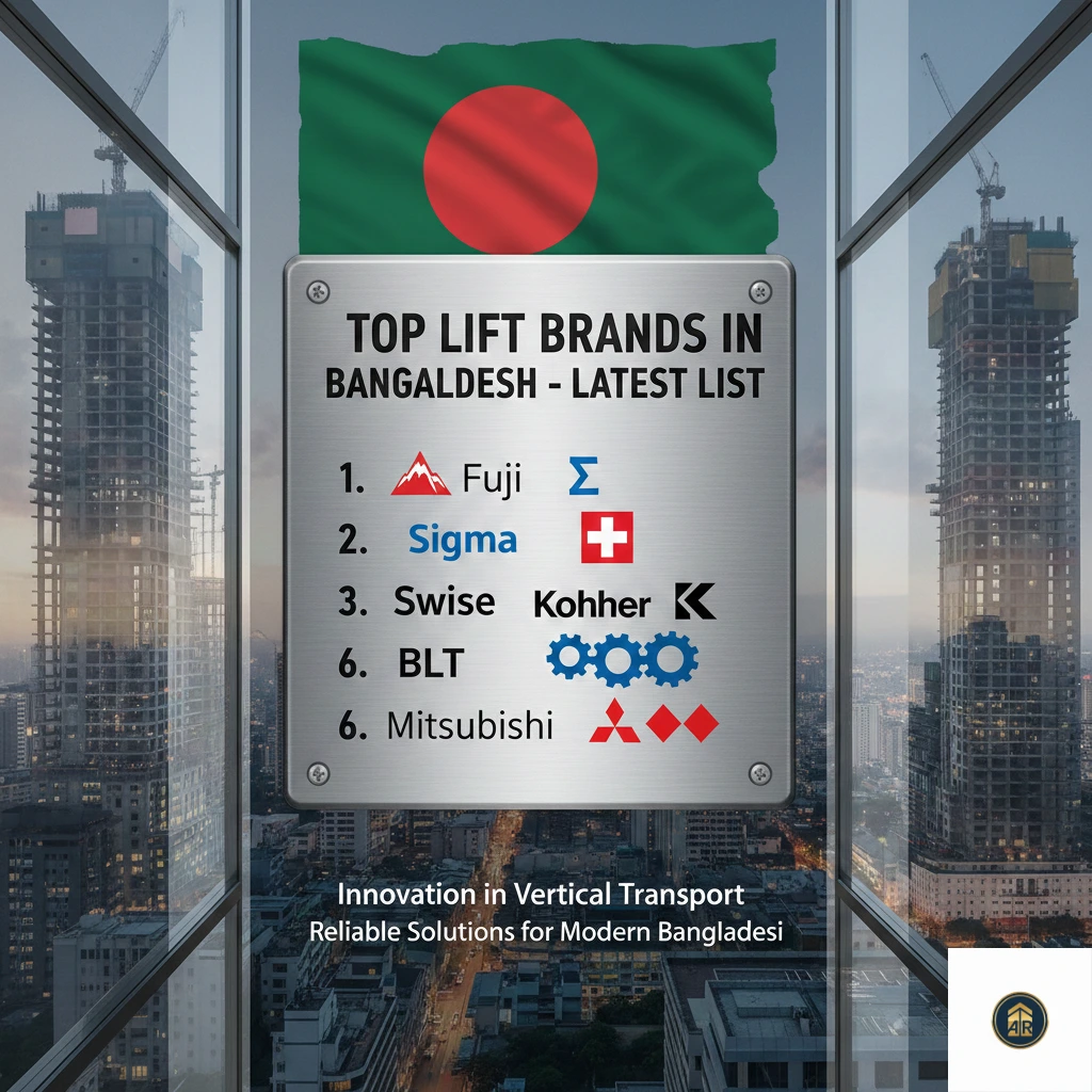 An image titled "Best Elevator Brands in Bangladesh" lists brands such as Fuji, Sigma, Swiss, Kohler, BLT, and Mitsubishi against the setting of Dhaka skyline, with the Bangladeshi flag.