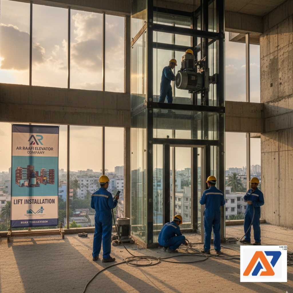 Technicians in blue uniforms and yellow hard hats install a glass elevator for AR Raafi Elevator Company at a construction site in Bangladesh.