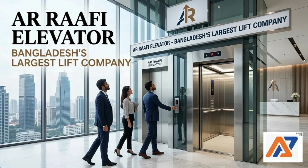 An image of AR Raafi Elevator Company, people standing near a glass elevator, and the text "Bangladesh's Largest Lift Company.