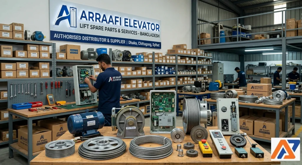 A warehouse of AR Raafi Elevator in Bangladesh featuring various lift spare parts, including motors, control panels, cables, and pulleys, with a technician.