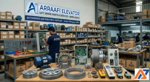 A warehouse of AR Raafi Elevator in Bangladesh featuring various lift spare parts, including motors, control panels, cables, and pulleys, with a technician.