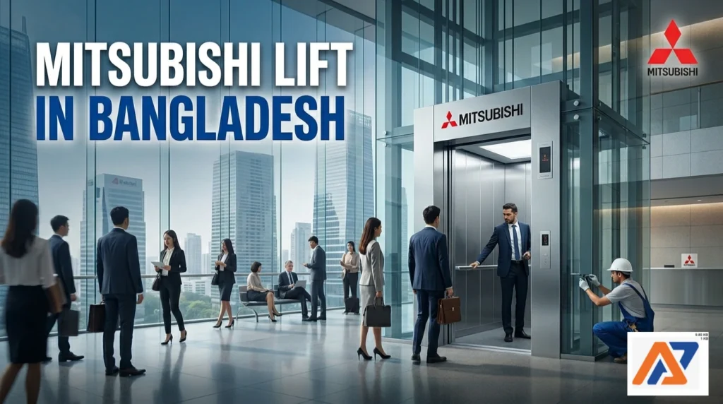 A Mitsubishi elevator in an office lobby, featuring business professionals, the AR Raafi Company Logo, and a technician performing maintenance.