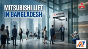 A Mitsubishi elevator in an office lobby, featuring business professionals, the AR Raafi Company Logo, and a technician performing maintenance.