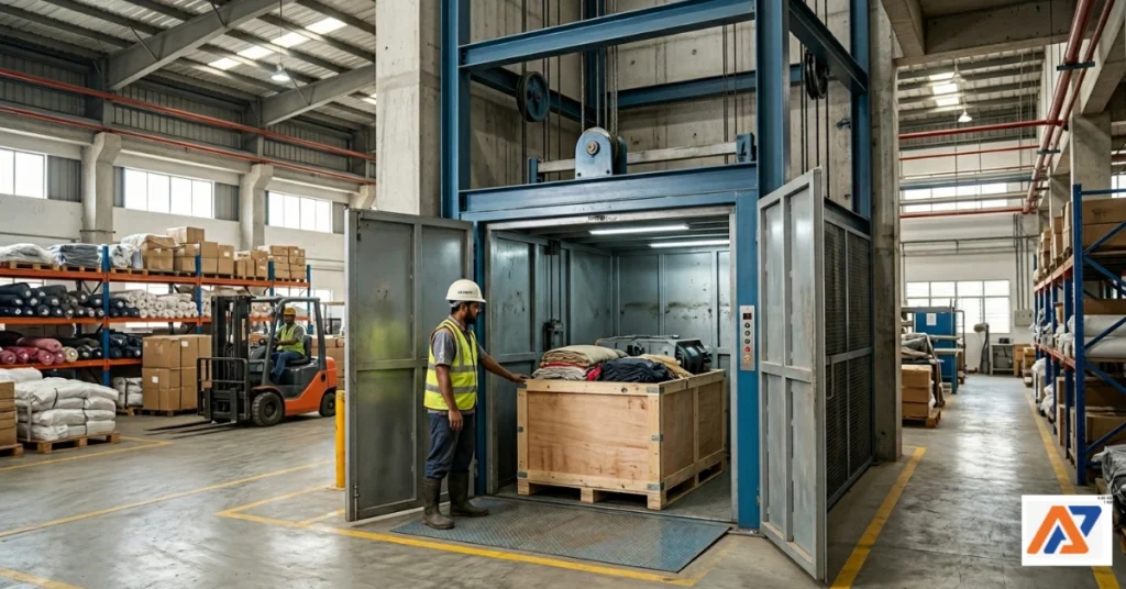 An image of AR Raafi Elevator Company, featuring a heavy-duty industrial cargo lift inside a busy factory warehouse.