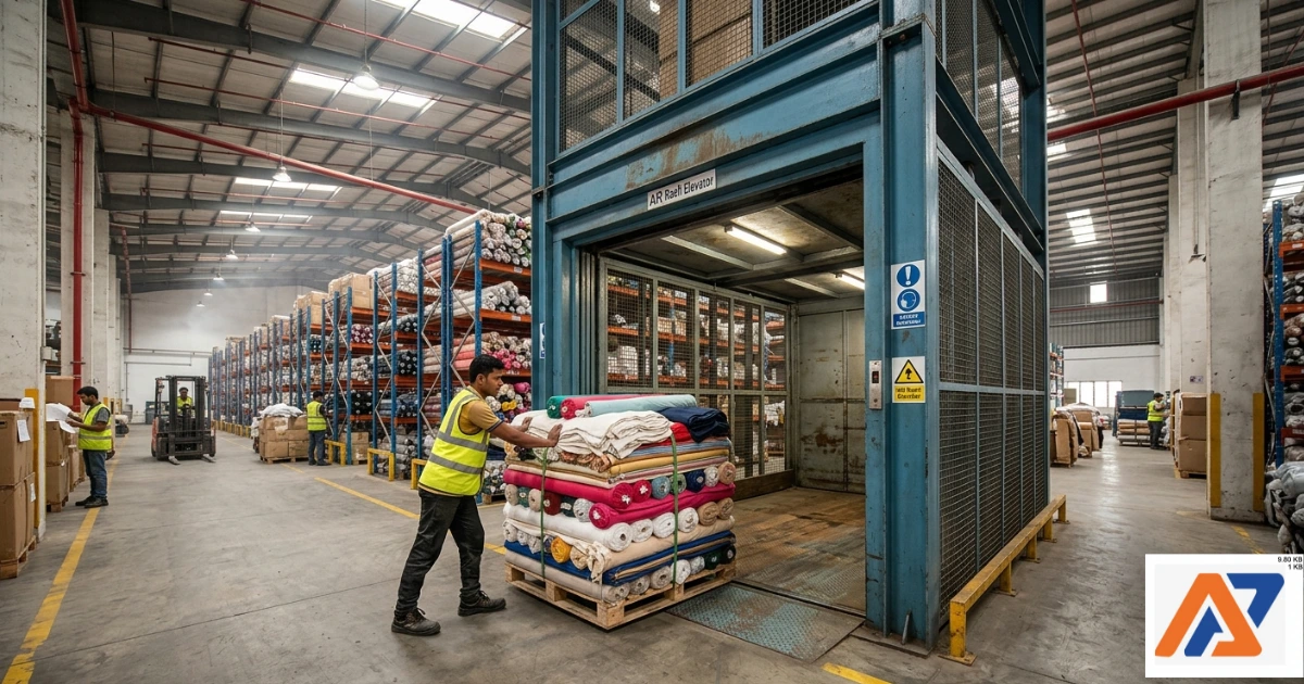 An image of AR Raafi Elevator Company features a worker in a vest pushing a pallet of textile rolls toward an industrial cargo elevator.