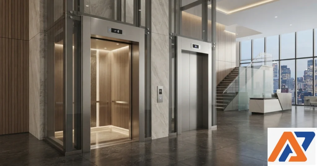 AR Raafi Elevator Company image featuring a glass and stainless steel elevator in an office lobby.