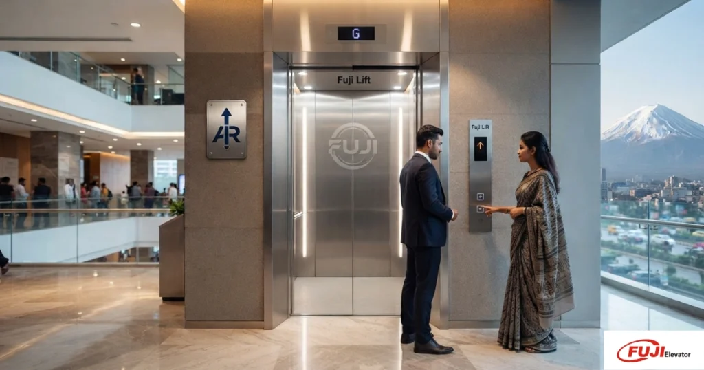 An AR Raafi Elevator Company image featuring a stainless steel Fuji lift.