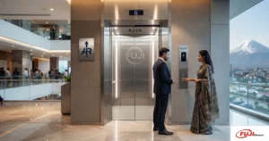 An AR Raafi Elevator Company image featuring a stainless steel Fuji lift.