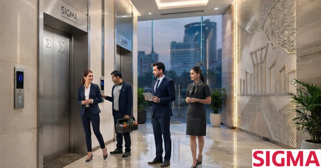 An AR Raafi Elevator Company image featuring a stainless steel Sigma lift.