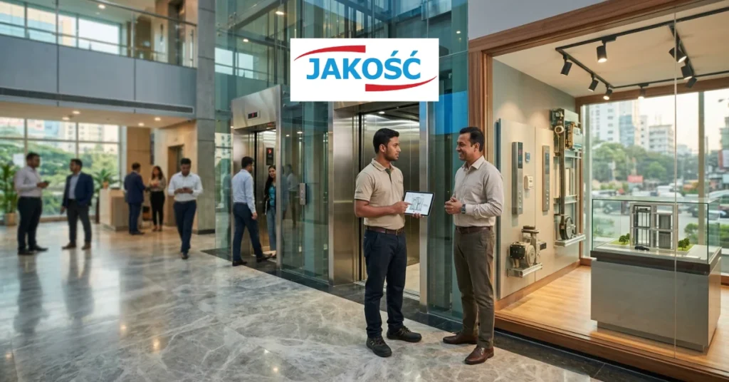 An AR Raafi elevator company image featuring an elevator dealership showroom with glass elevators.