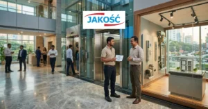 An AR Raafi elevator company image featuring an elevator dealership showroom with glass elevators.